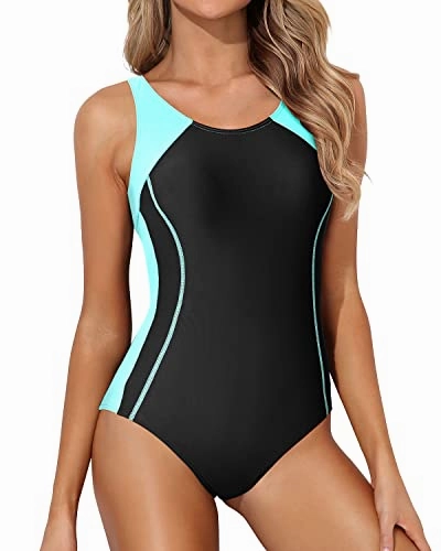 Color Block Splicing Athletic One Piece Swimsuits-Black And Aqua