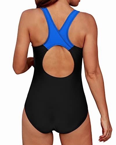 Keyhole Racerback Sports One Piece Swimsuit-Black Blue