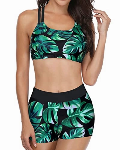 Modest High Neck Tank Top Athletic 3 Piece Swimsuits-Black Leaf
