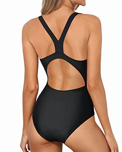 Racerback Splicing Athletic One Piece Swimsuits-Black