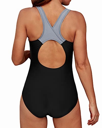 Slimming Bathing Suit Sports One Piece Swimsuit-Black And Grey