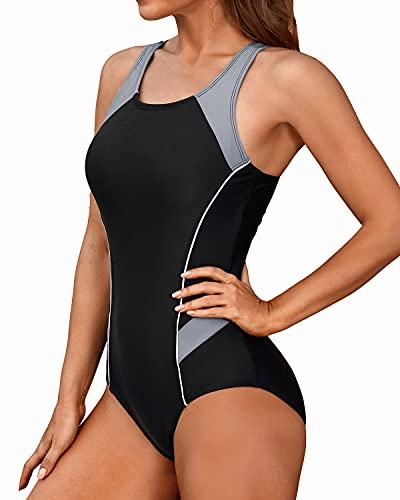 Slimming Bathing Suit Sports One Piece Swimsuit-Black And Grey