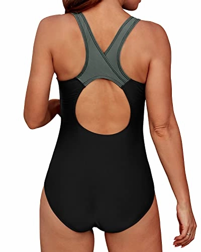 Slimming Crisscross Racerback One Piece Swimsuit-Black Gray Green