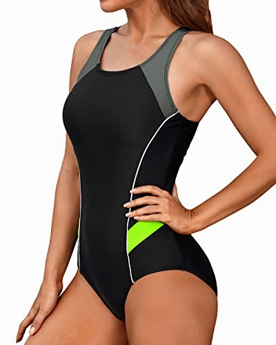 Slimming Crisscross Racerback One Piece Swimsuit-Black Gray Green
