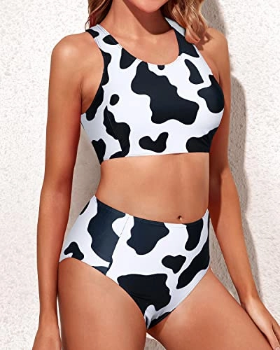 Sporty High Waisted Two Piece Swimsuit For Teen Girls-Cow Print