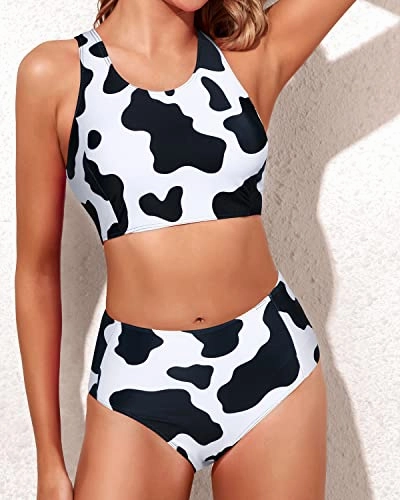 Sporty High Waisted Two Piece Swimsuit For Teen Girls-Cow Print
