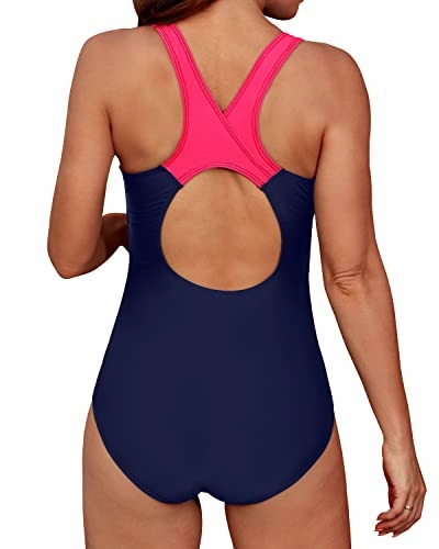 Training Exercise Women One Piece Swimsuits-Navy Blue And Pink