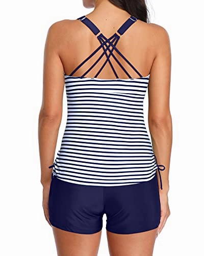 V-Neck Ruched Front 2 Piece Tankini Boyshort-Blue White Stripe