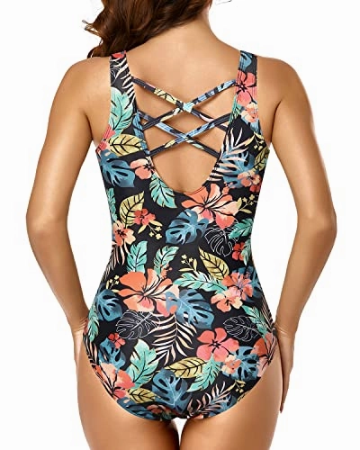 Wirefree Padded Bra Underbust Seam Swimsuits Racerback One Piece Swimsuits-Black Red Flower