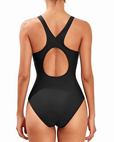 Women's Athletic Racerback Full Coverage One Piece Swimsuits-Black