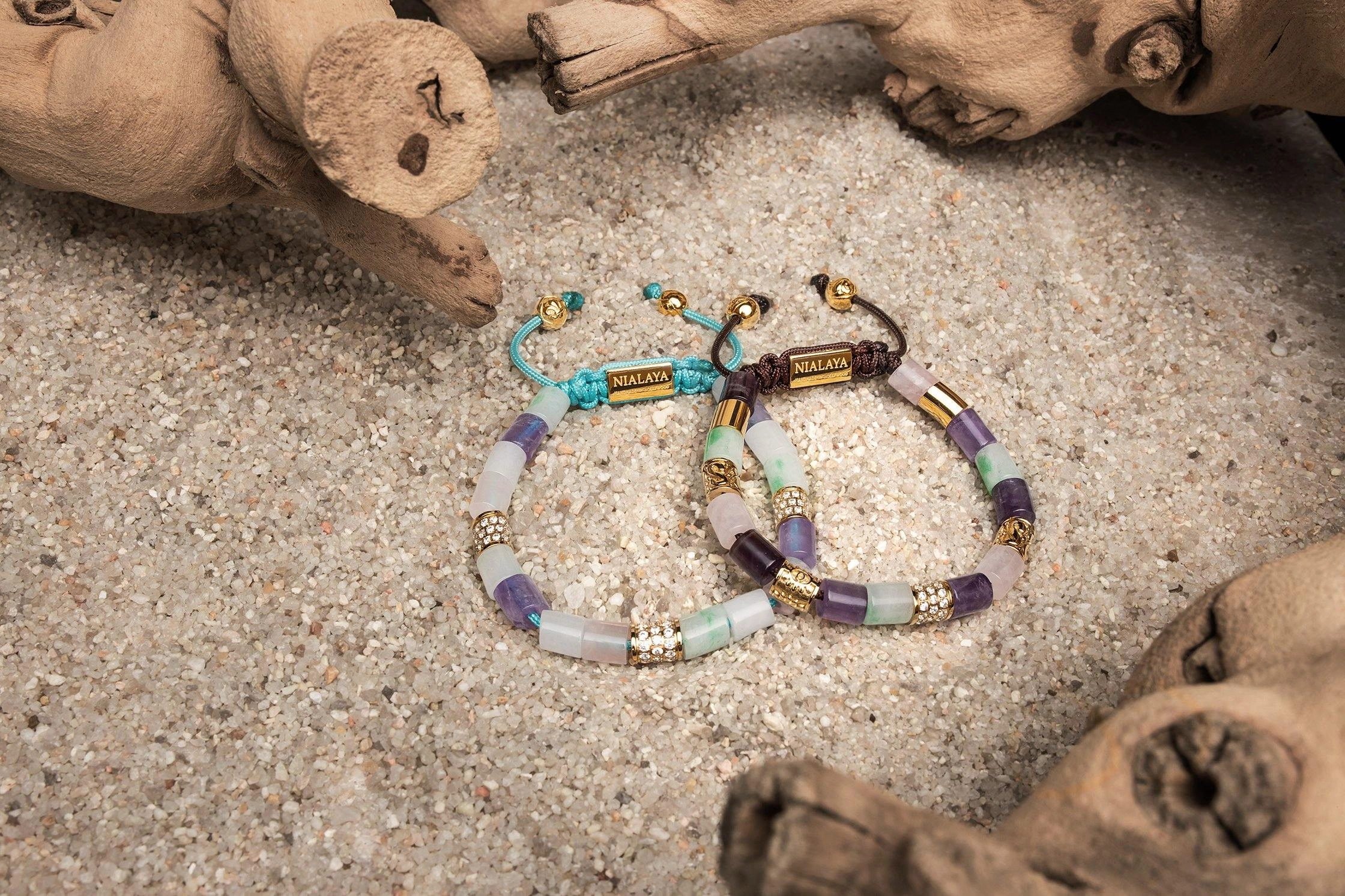 Women's Beaded Bracelet with Amethyst, Amethyst Lavender, Rose Quartz, Green Aventurine, and Hand Carved Gold Tube Beads with Clear CZ Diamonds