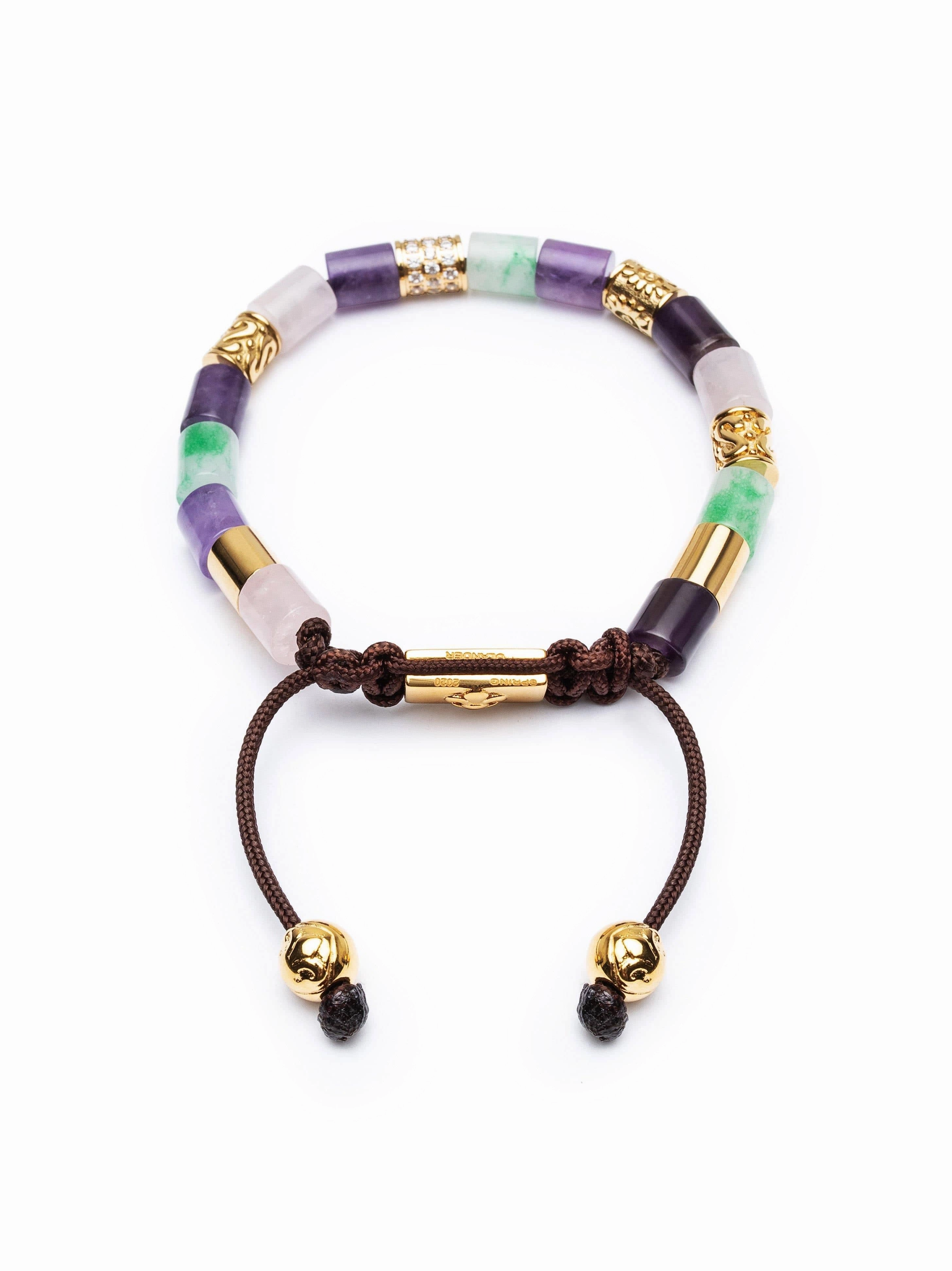 Women's Beaded Bracelet with Amethyst, Amethyst Lavender, Rose Quartz, Green Aventurine, and Hand Carved Gold Tube Beads with Clear CZ Diamonds