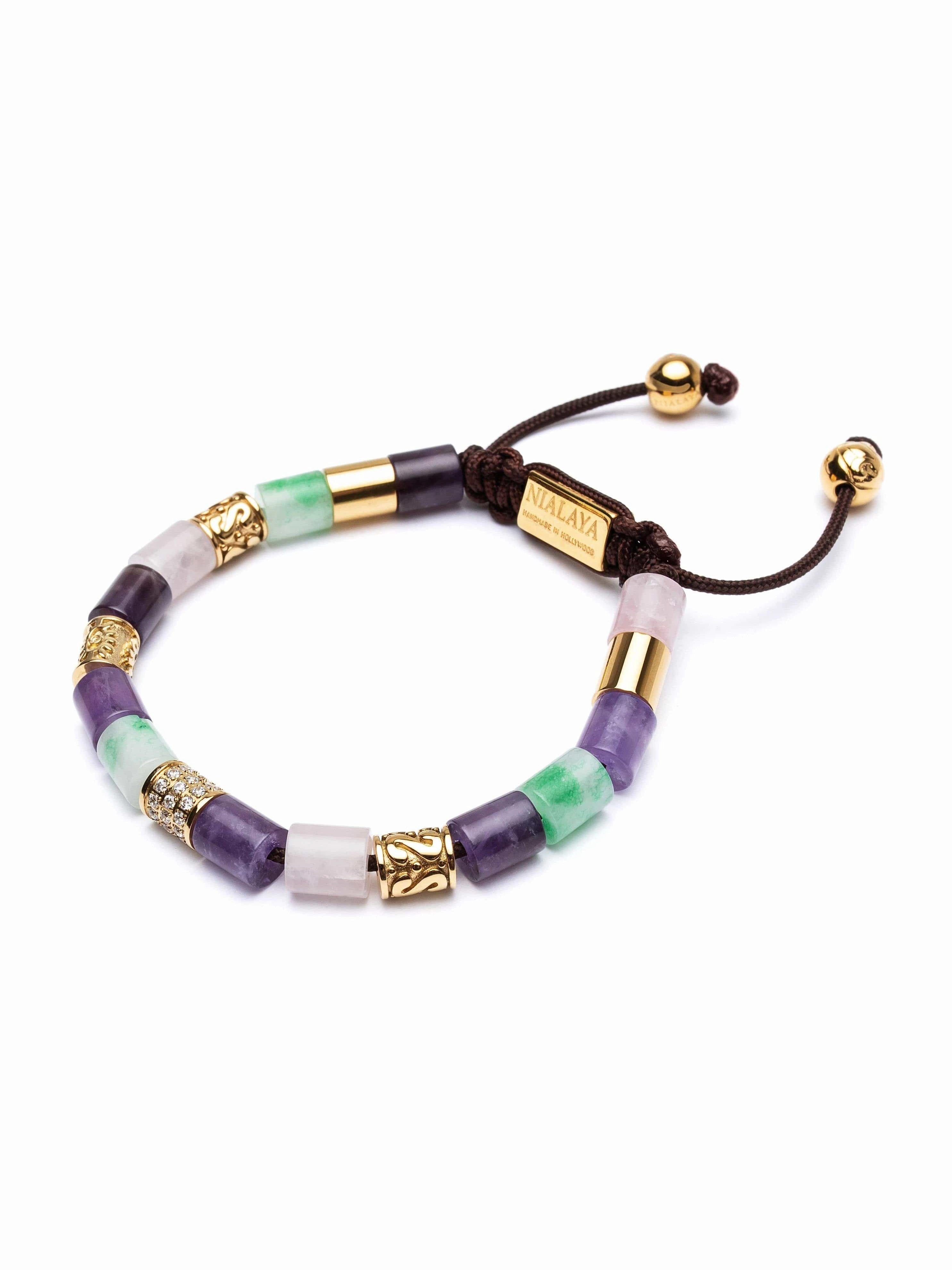 Women's Beaded Bracelet with Amethyst, Amethyst Lavender, Rose Quartz, Green Aventurine, and Hand Carved Gold Tube Beads with Clear CZ Diamonds