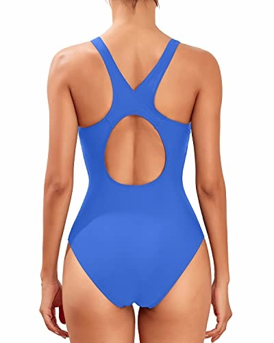 Women's Full Coverage Racerback Athletic One Piece Bathing Suit-Medium Gray Blue