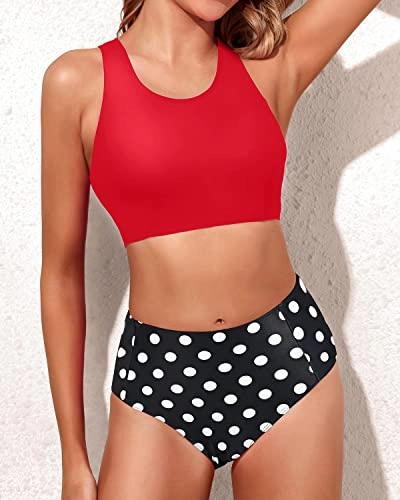 Women's Sporty Two Piece High Waisted Bikini Swimsuits-Red Dot