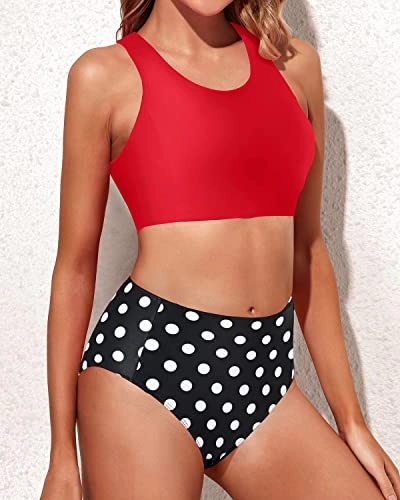 Women's Sporty Two Piece High Waisted Bikini Swimsuits-Red Dot